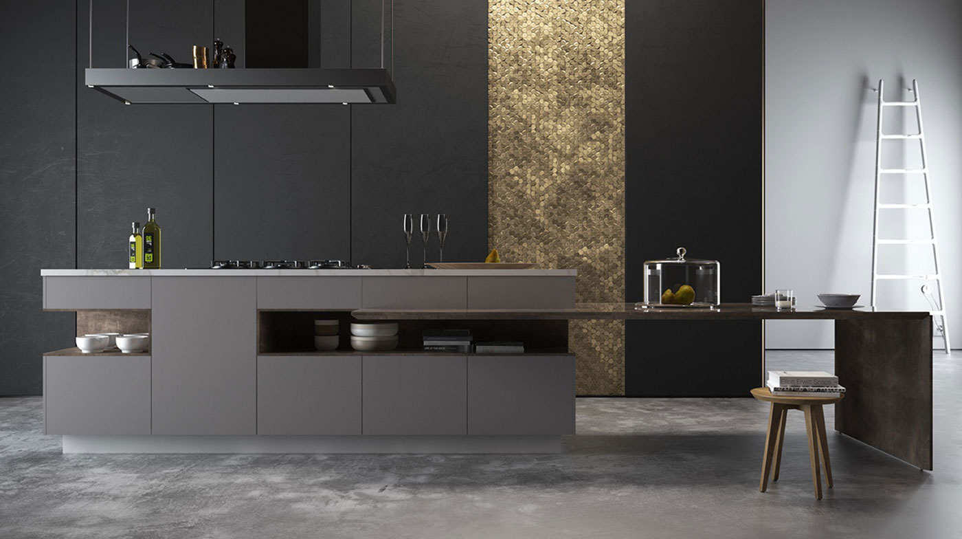 gold-panel-kitchen-black-cabinetry-grey-benchtop gold-panel-kitchen-black-cabinetry-grey-benchtop